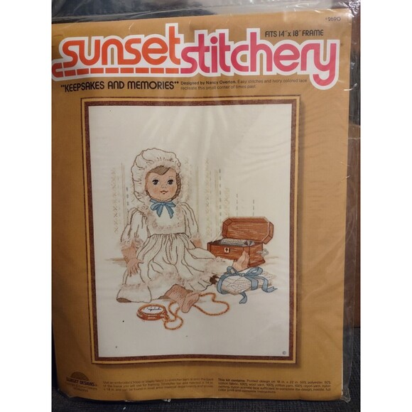 1977 VTG 18"X22" Sunset Stitchery Keepsakes And Memories #2690 Country Doll NOS - Picture 1 of 7